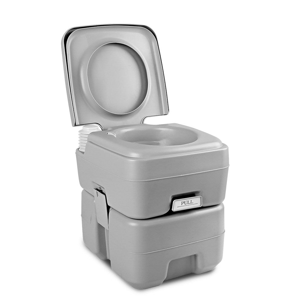 Portable gray toilet with open lid on a white background
