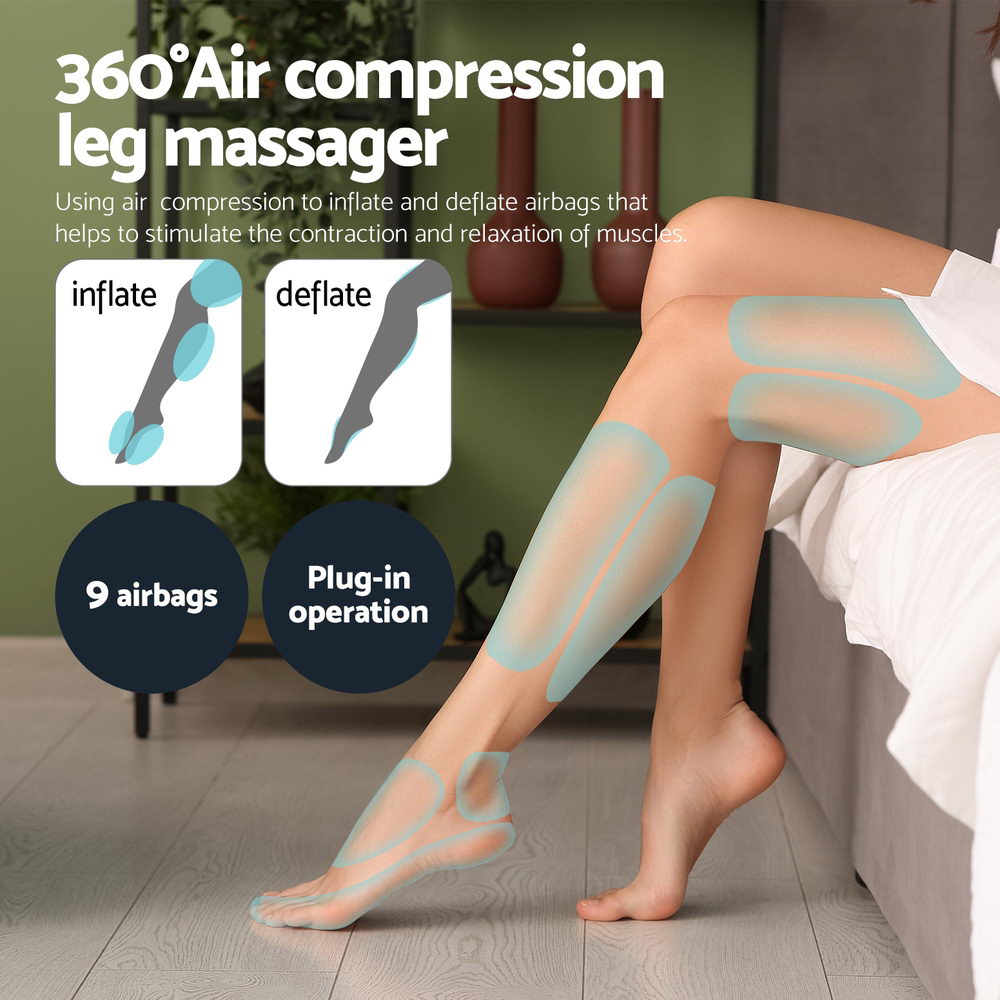 360°Air compression leg massager Air compression massage
20 minutes auto off
3 levels of intensity
3 air massage modes
2 levels of heating function
Adjustable wrap
SAA approved adaptor