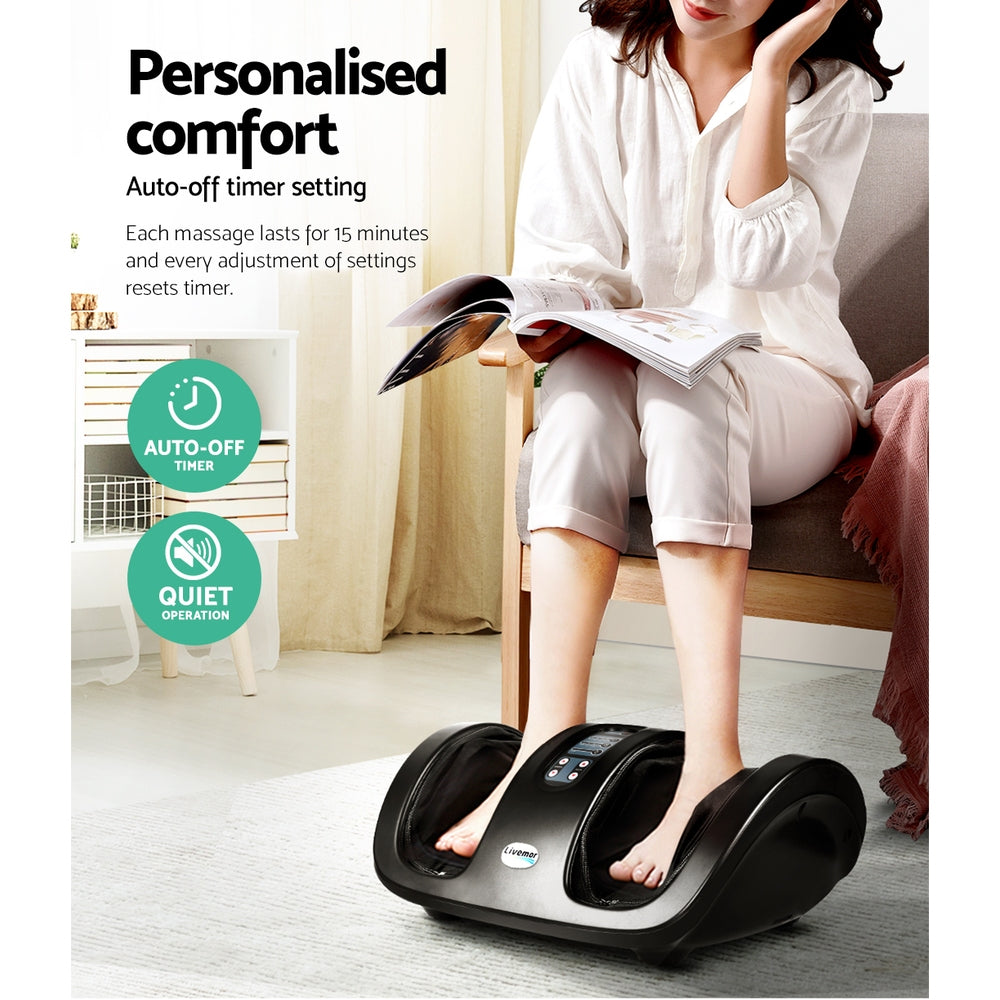 Person using a foot massage device with text highlighting personalized comfort features.