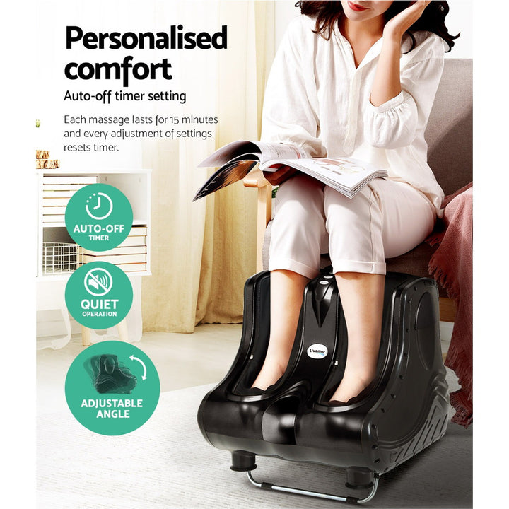 Person using a foot massage machine 360° all-dimensional massage
Foot or calves massage option
8 massage discs for feet and 4 discs for calves
Flexible air-pressure kneading pads