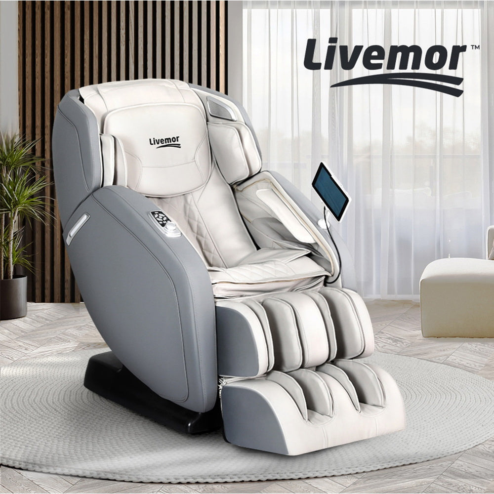 Gray and white massage chair with 12 full-body programs, 9 Massage spots, 26 airbag massage. 3 year warranty