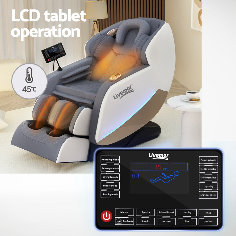 Massage chair with LCD control panel and heating elements, Livemor brand.
USB charger
3D Bluetooth speakers
AI voice control
Built-in wheels for easy mobility
3 years warranty