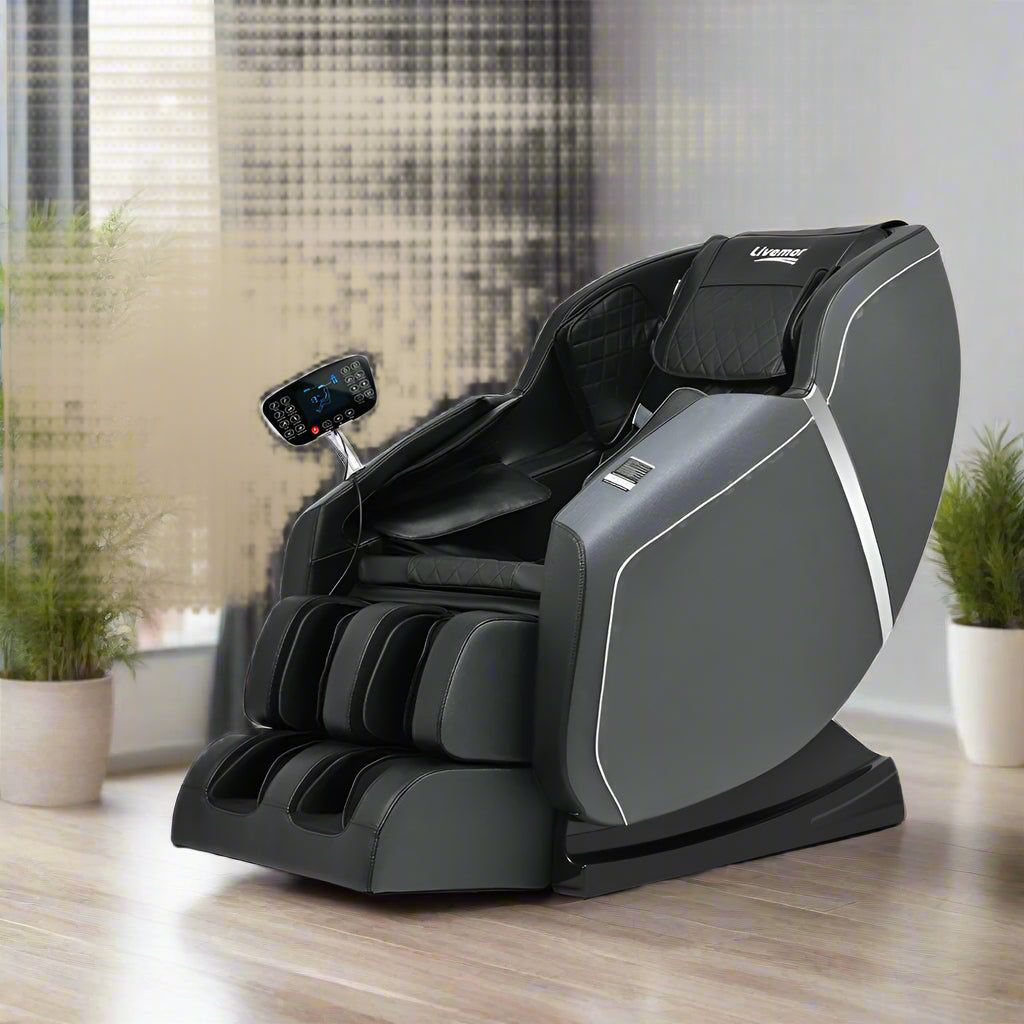 Gray massage chair with control panel Straight back track, Lumbar heating
Spring extension footrest - 15cm and 
Foot rollers