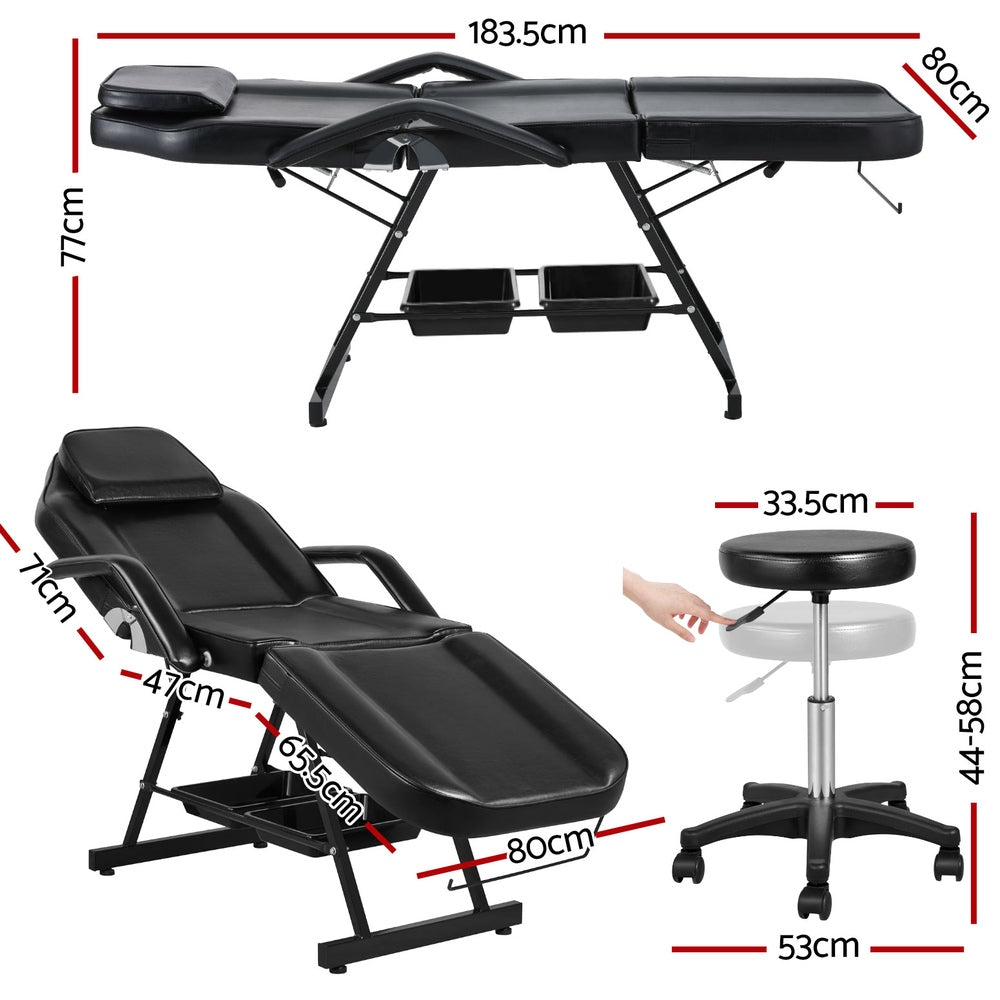 Black massage table and stool with storage containers 
Weight capacity:
Bed:150kg
Stool: 150kg
Storage tray: 5kg
Dimensions:
Bed: 183.5x80x77cm
Stool:34 x 44-58cm