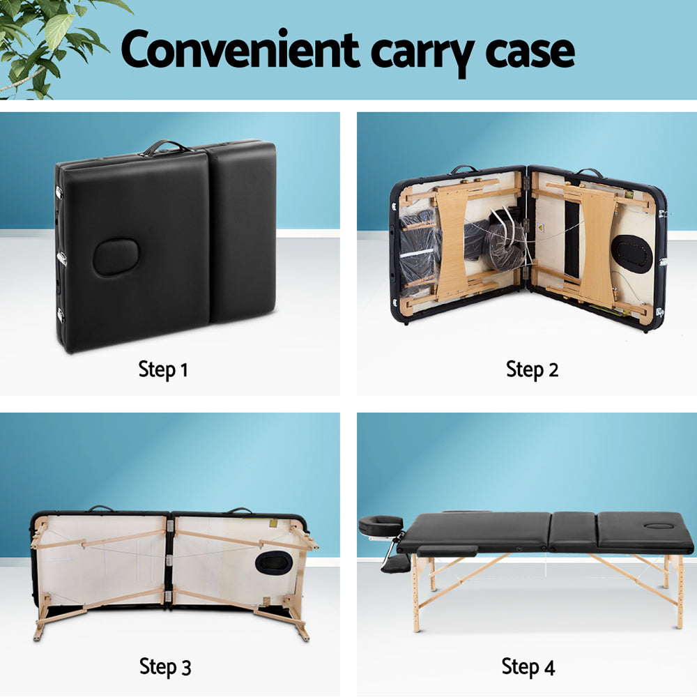 Step-by-step foldable massage table into a portable carry anywhere position
Material: Wooden frame, PVC
Dimensions:210cm x 60cm x 58cm - 82cm
Folded Dimensions: 92cm x 14cm x 60cm
Colour: Black
Assembly Required: Yes