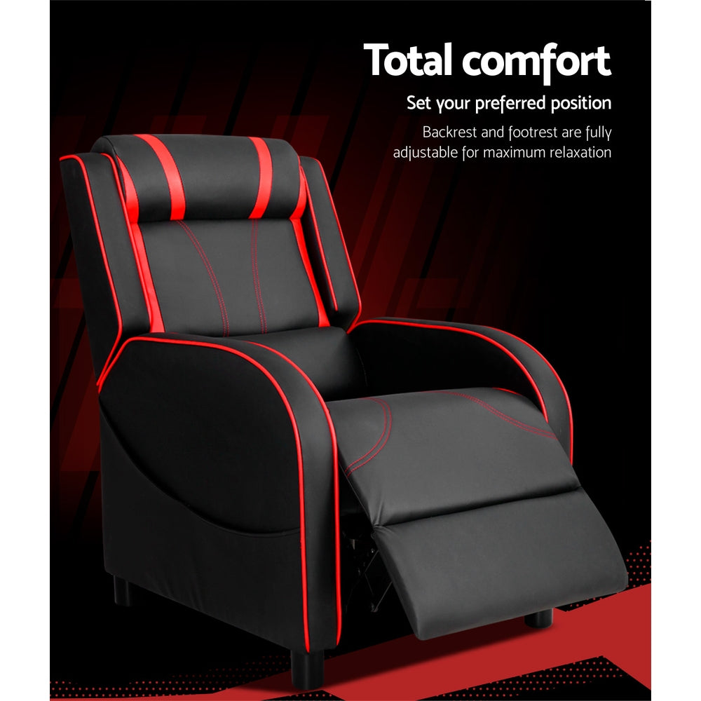 Black recliner chair with red accents
Premium PU leather
Recline up to 135 degree
High-resilience foam padding
Backrest with lumbar support and headrest
Plush and wide seat
Adjustable backrest and footrest
Wide and comfortable armrests