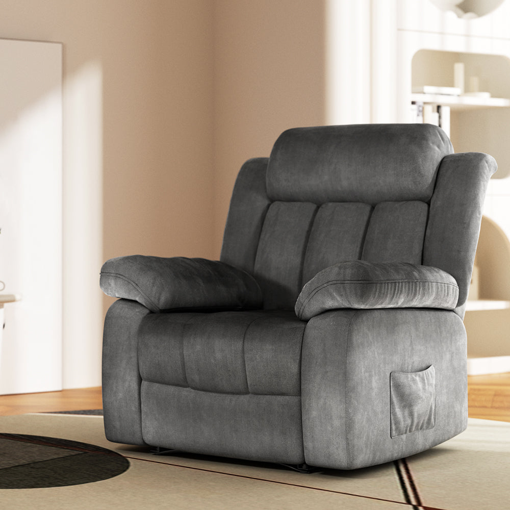 Gray recliner chair fine-quality velvet fabric, 150kG capacity, 1 year warranty
