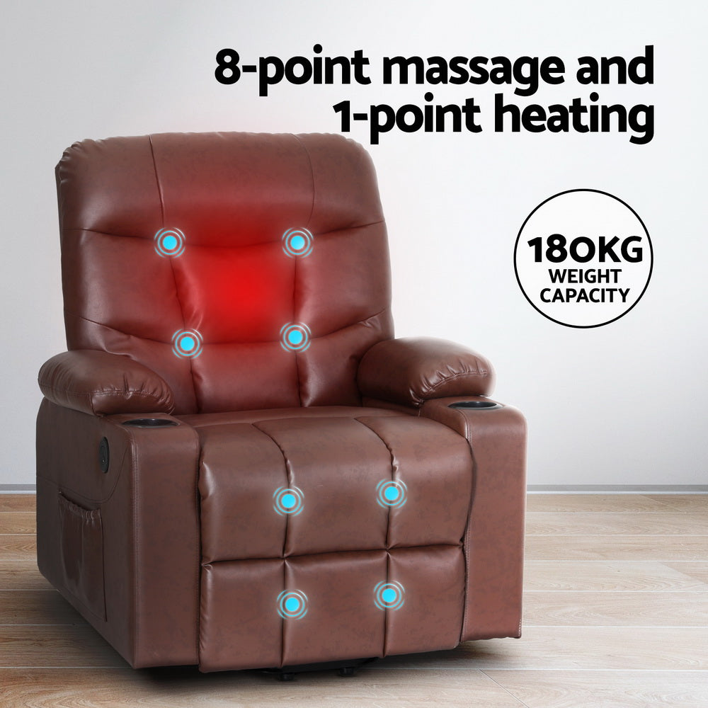 Brown massage chair with massage points and heating indicator on a light background