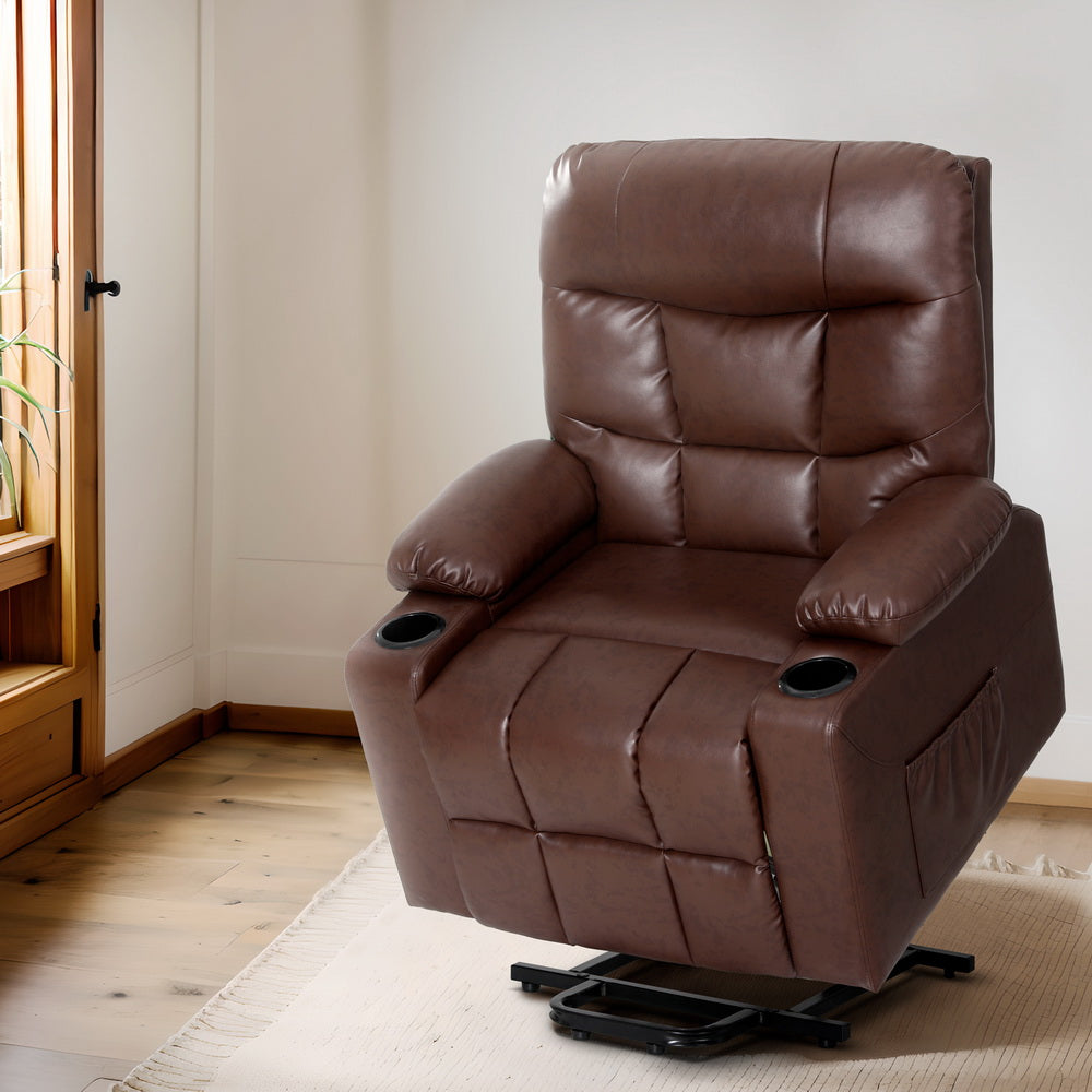 Brown leather recliner massage chair targets the upper and lower back, thighs and calves for full-body relaxation. 
