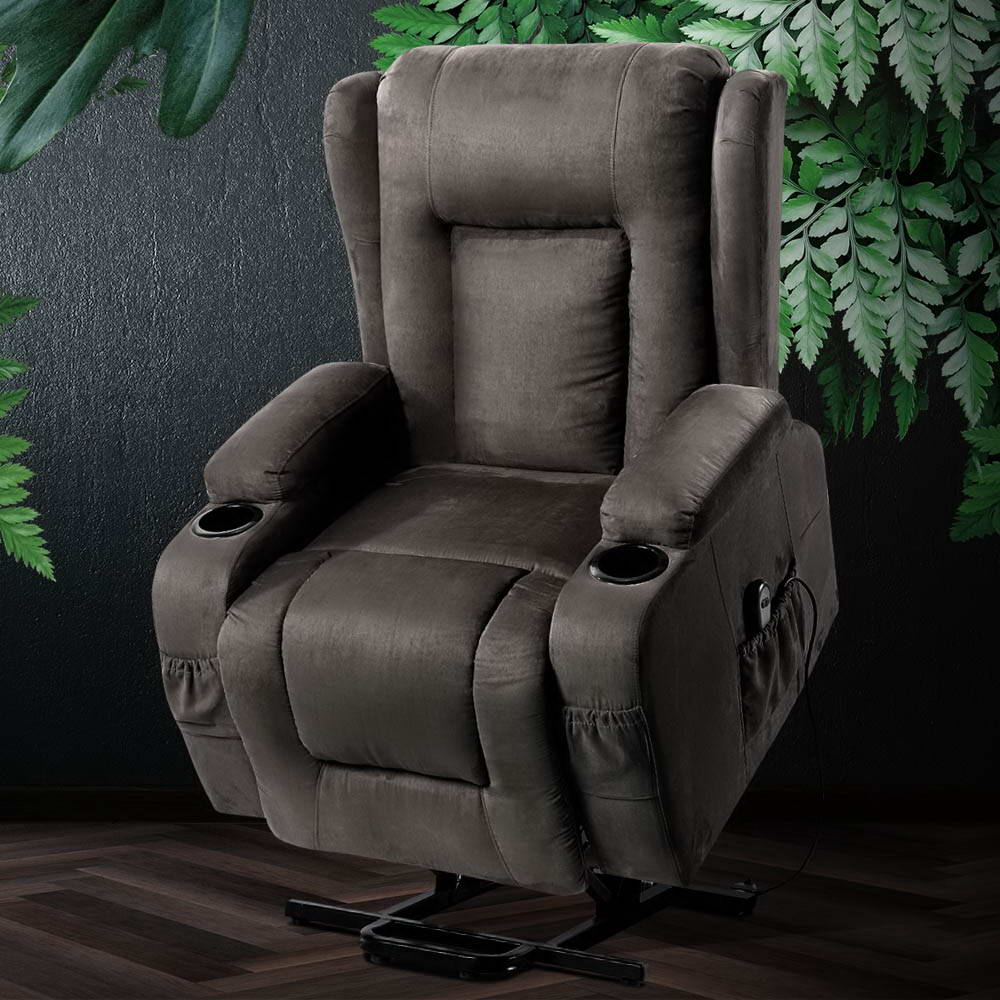 Brown recliner chair with cup holders two remote 8 heated massage points, auto lift and recline