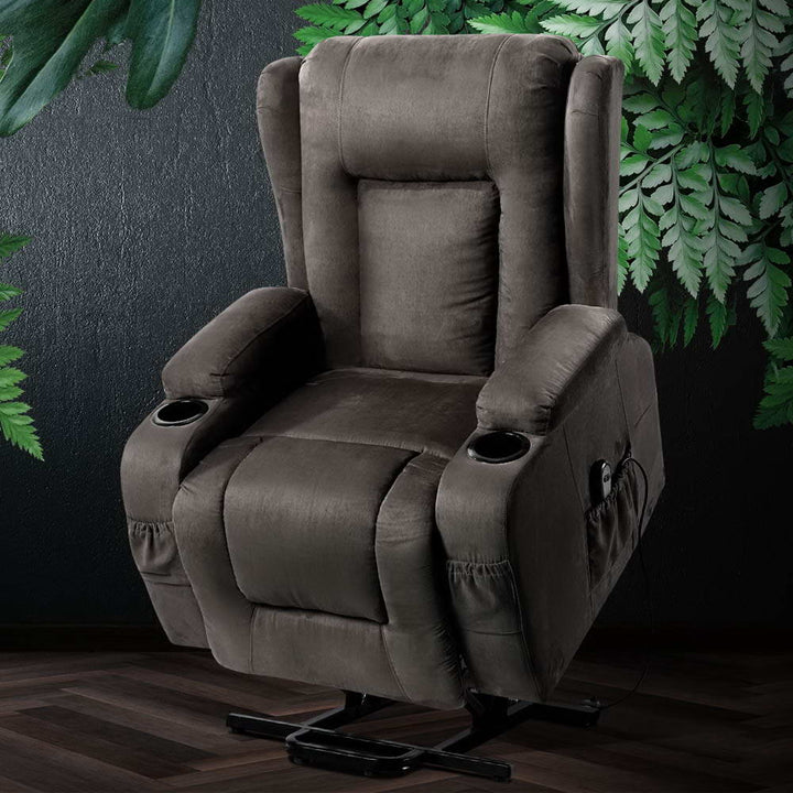 Brown recliner chair with cup holders two remote 8 heated massage points, auto lift and recline