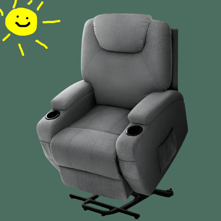Gray recliner chair with High-resilience sponge padding
Ultra-wide seat
Ultra-wide and thick padded armrest
Two cup holders
Four storage pockets
Sturdy steel base