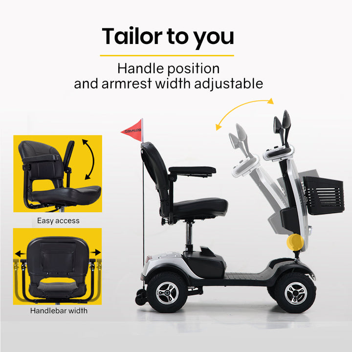 Equipmed E Scoter
Swivel seat and retractable armrests 
Adjustable handlebar, seat height and armrests
Up to 15 - 25km range
8km/h speed
Anti-tip wheels
Battery level meter
Front and rear LED lights, reflectors and flag
Folds for more compact storage and transport
Storage pouch on backrest for reading material