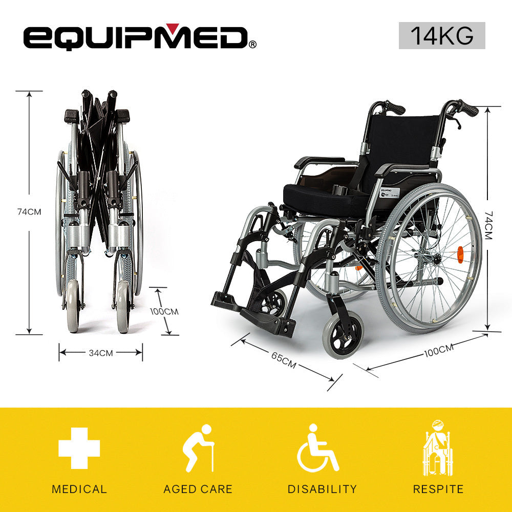 24" - 74cm portable folding wheelchair in alloy construction. Senior & elderly mobility aid, 18kg durable build. Premium quality - order today!