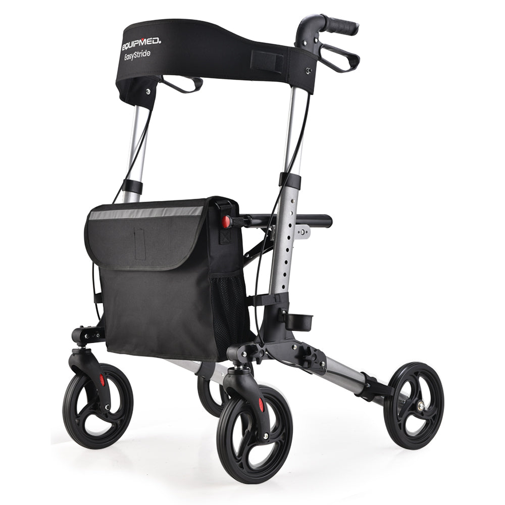 Aluminium rollator with bag & seat in silver. Foldable walking frame, 9kg lightweight design. Trusted mobility solutions, fast shipping Australia!