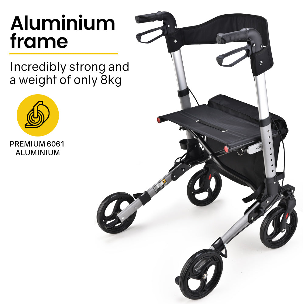 Foldable Aluminium Walking Frame Rollator with Bag and Seat, Silver