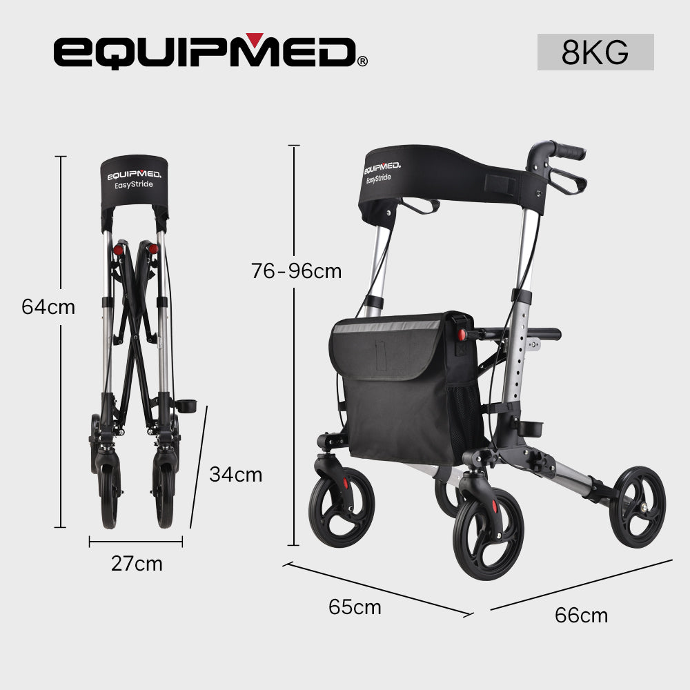 Foldable Aluminium Walking Frame Rollator with Bag and Seat, Silver