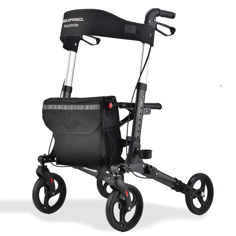 Foldable aluminium rollator in titanium colour. Walking frame with bag & seat, 9kg lightweight. 24% off RRP - premium mobility solution!