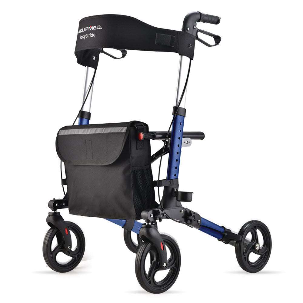Easy Stride Rollator weighs 8kg, with adjustable handle height, easy-squeeze dual-action brakes and detachable carry satchel.