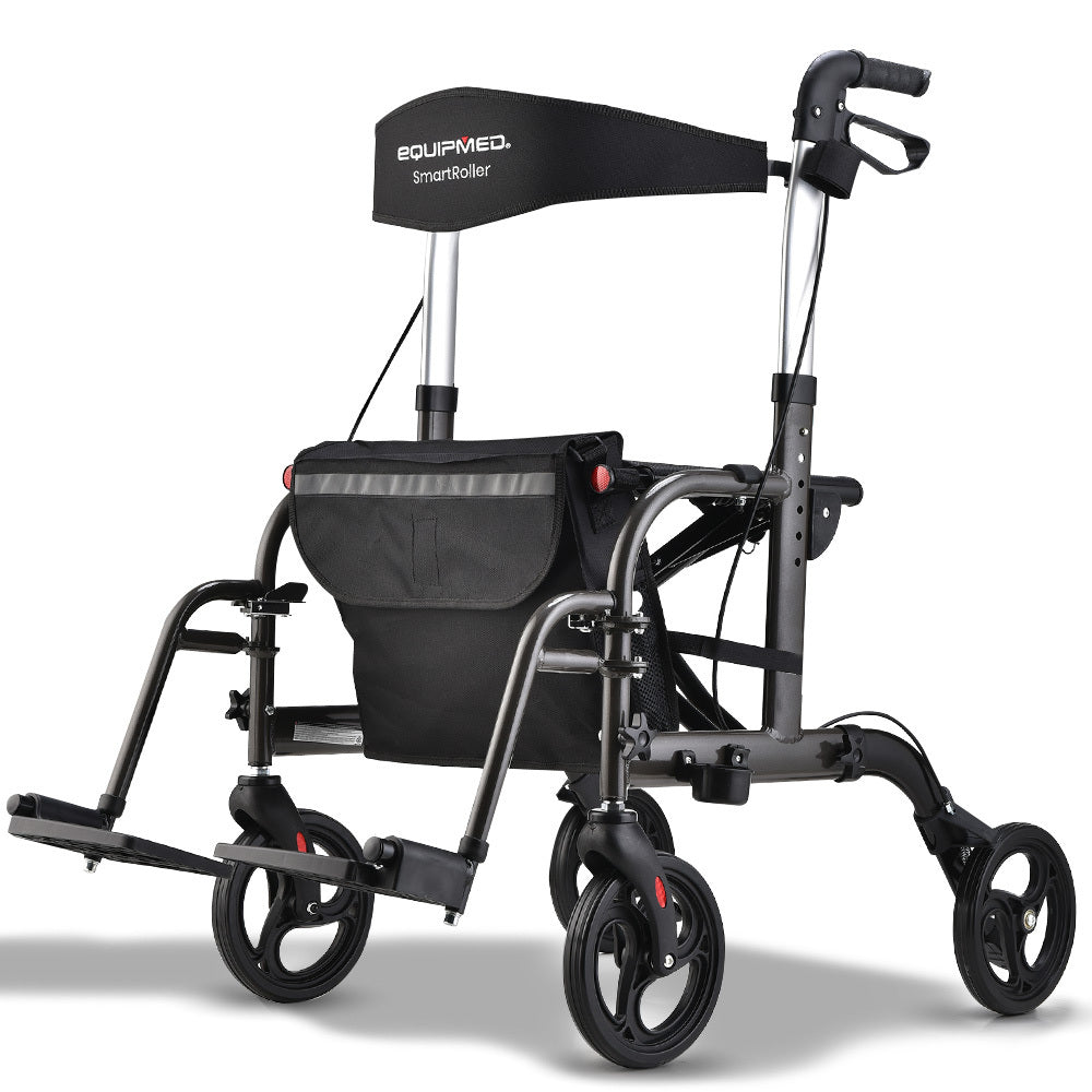 Aluminium walking frame & wheelchair combo in titanium. 2-in-1 mobility solution with bag. Premium quality, exceptional value - shop now!