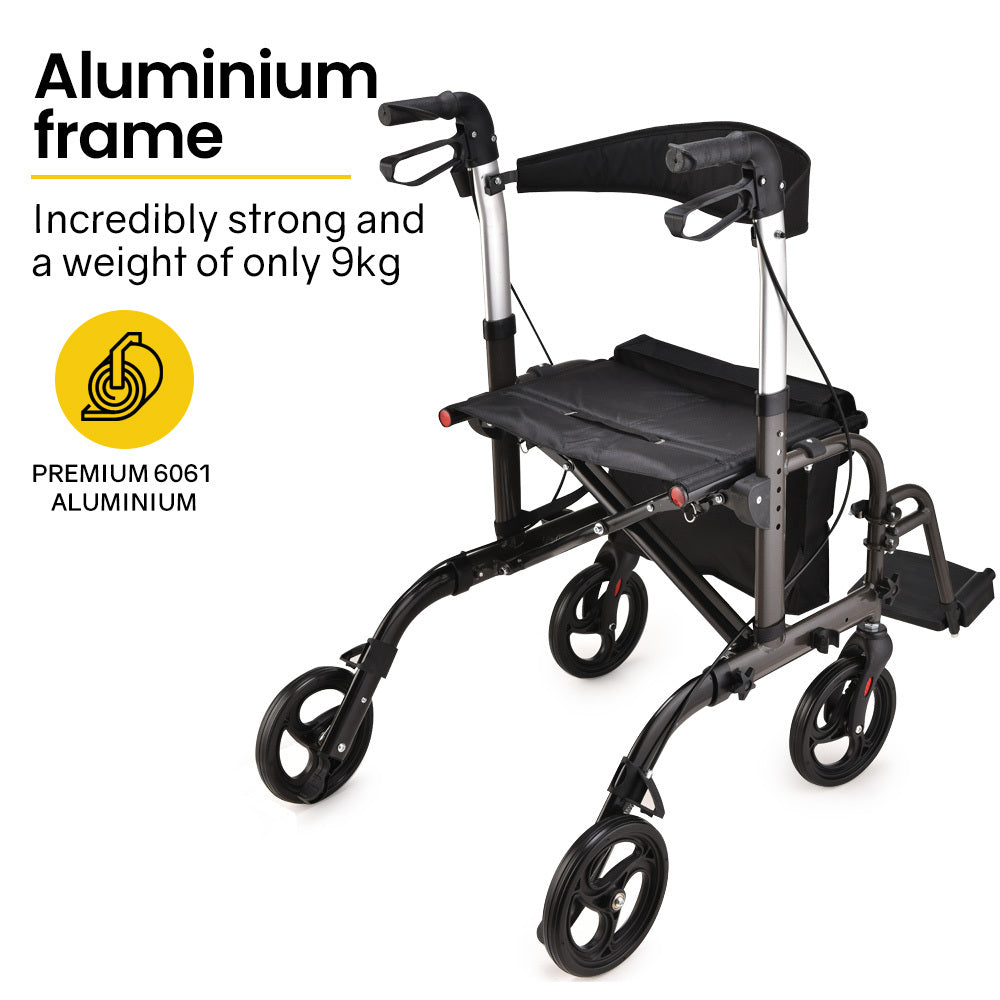 Mobility Tree 2-in-1 Foldable Aluminium Walking Frame and Transit Wheelchair with Bag ...