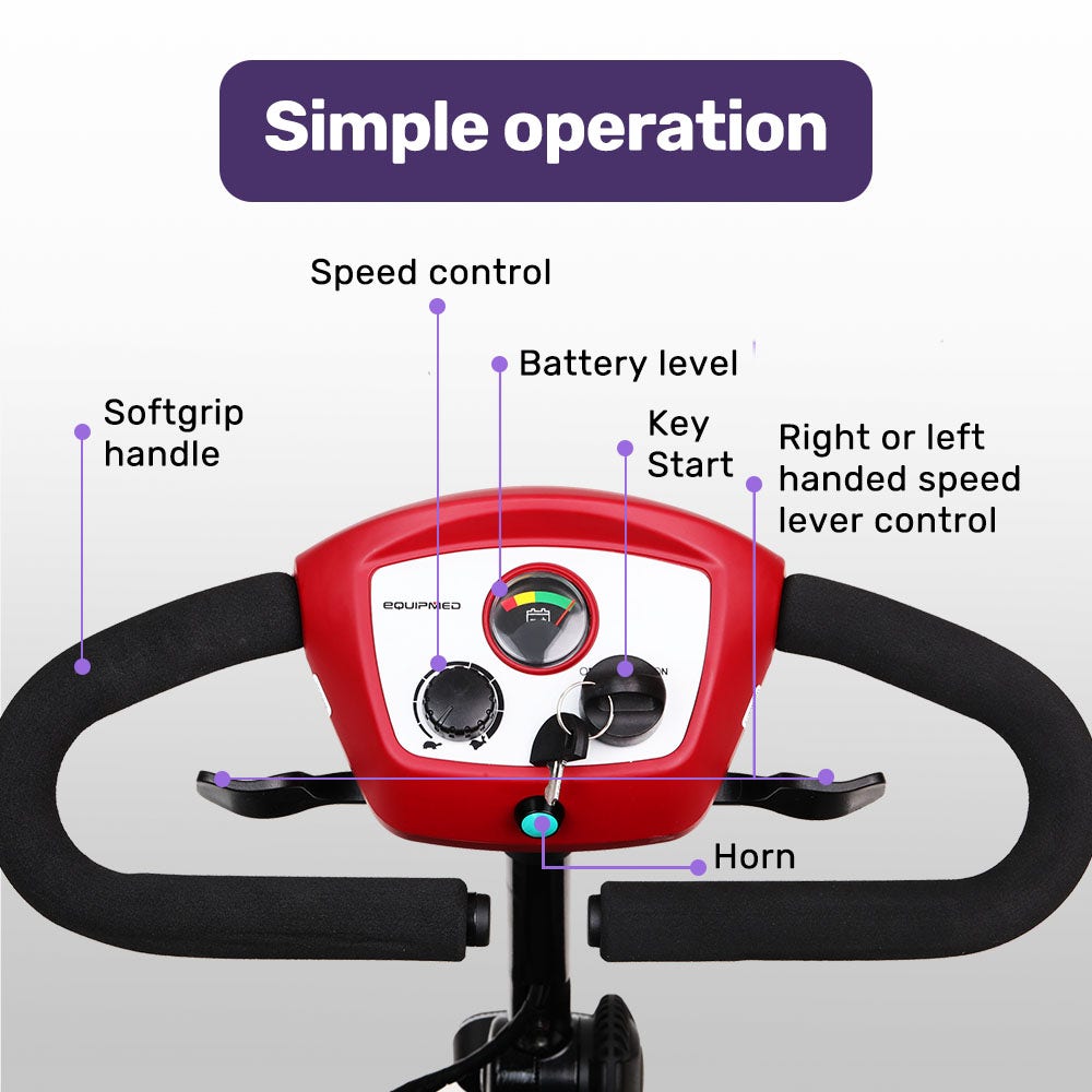 Equipmed Scooter
Max Forward Speed: 8km/h
Driving Range: 15-25km
Max Driving Gradient: 10
Weight Capacity: 120kg
Tyres: 9' Flat-free
Brakes: Electromagnetic
Batteries: 12V 12Ah (x2)
Charger: 240V
Charging Time: 6 hours
ARTG Number: 283356