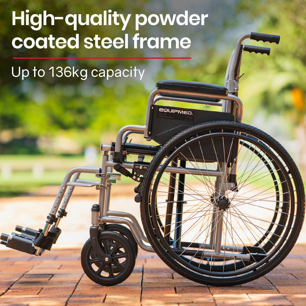 Lightweight 24" folding wheelchair in grey. Portable design for elderly & disabled, 22kg durable build. Independence made accessible!