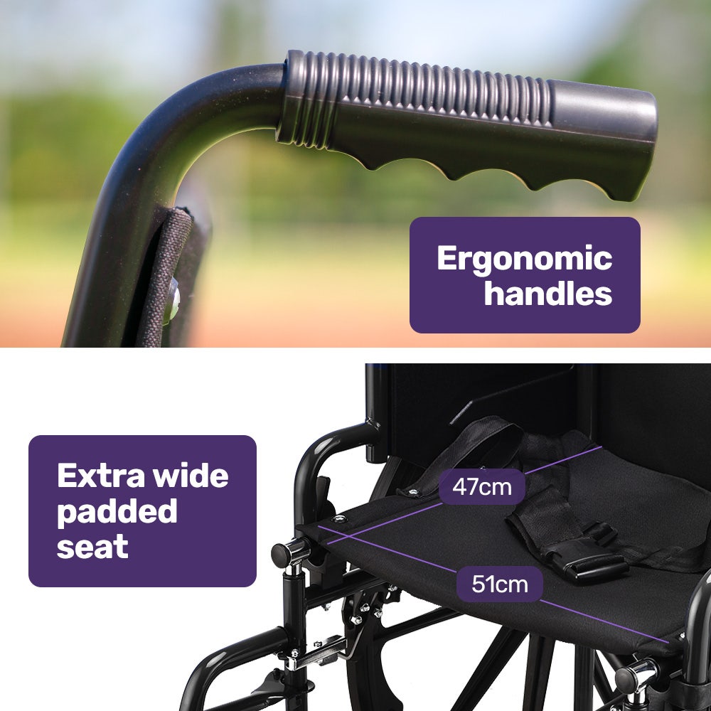 24 Inch Folding Wheelchair with Park Brakes, 136kg Capacity, 51cm Wide Seat, Black