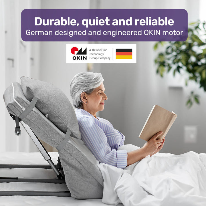 German design electric back rest, sits on your bed, push button lift.