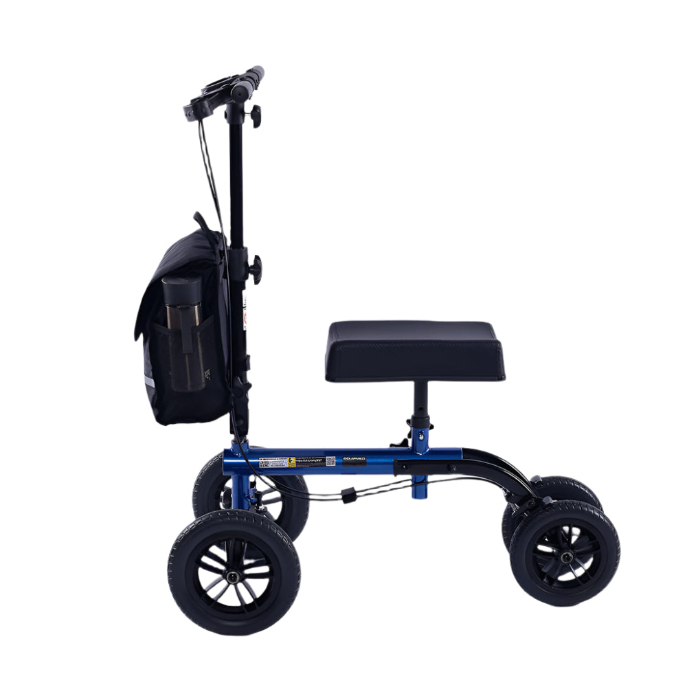 Knee scooter with a black seat and backpack on a white background