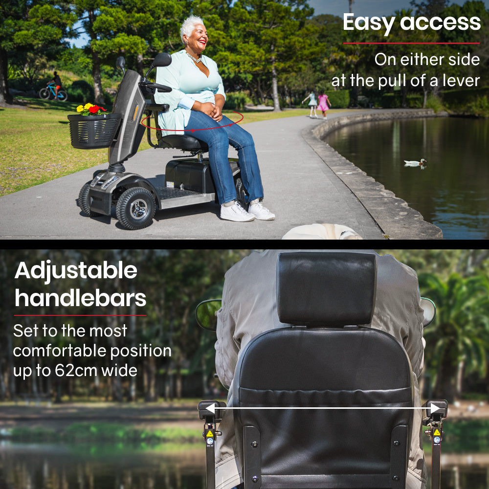 Scooter S-XXL Sized model for riders of all sizes
Intuitive controls
Swivel seat and retractable armrests for easy access
Adjustable handlebar angle, seat height and armrest width
Up to 30km range (*terrain and rider weight dependent)
Up to 12km/h speed
Dual braking system
Front and rear suspension for optimal handling