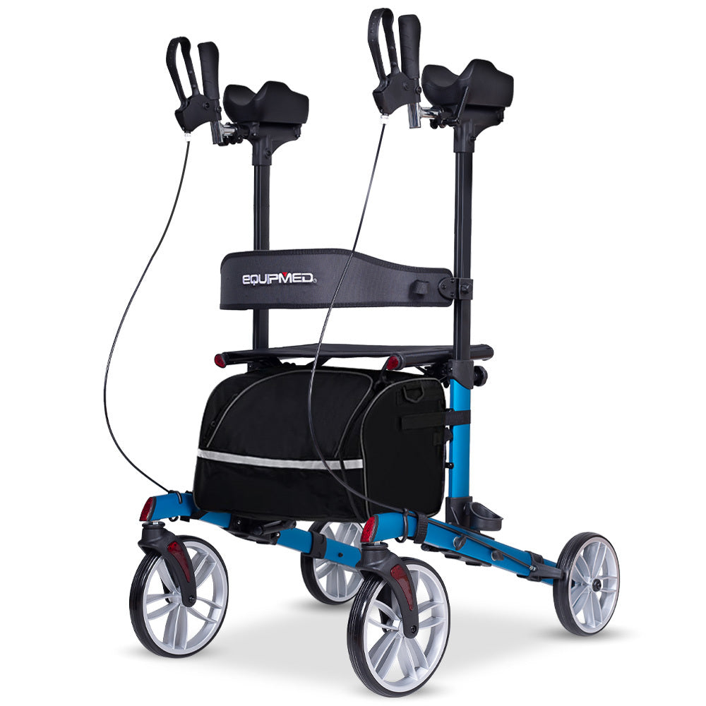 Durable large wheeled upright walker with cane holder and large storage
