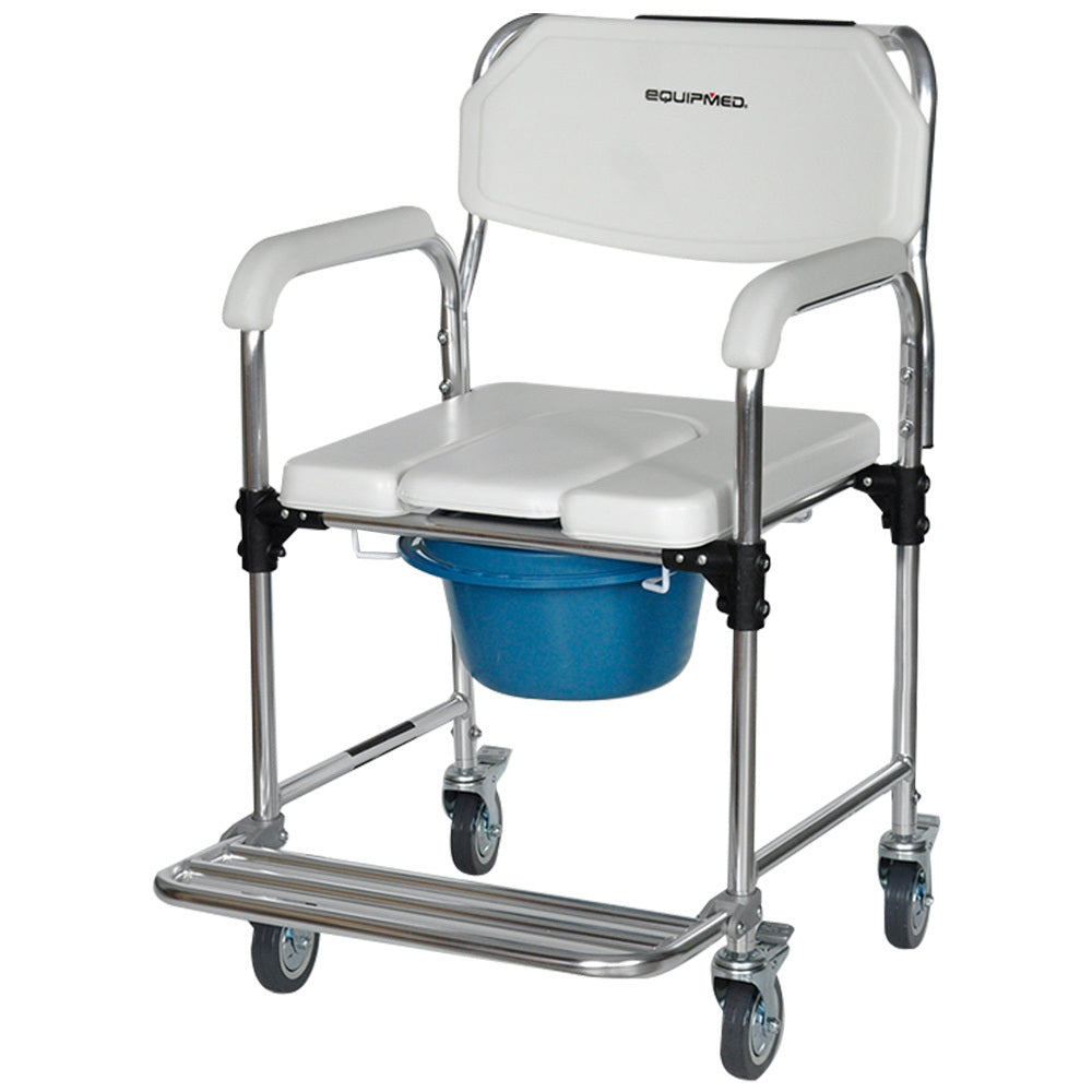 Medical shower chair on wheels with blue commode bucket 