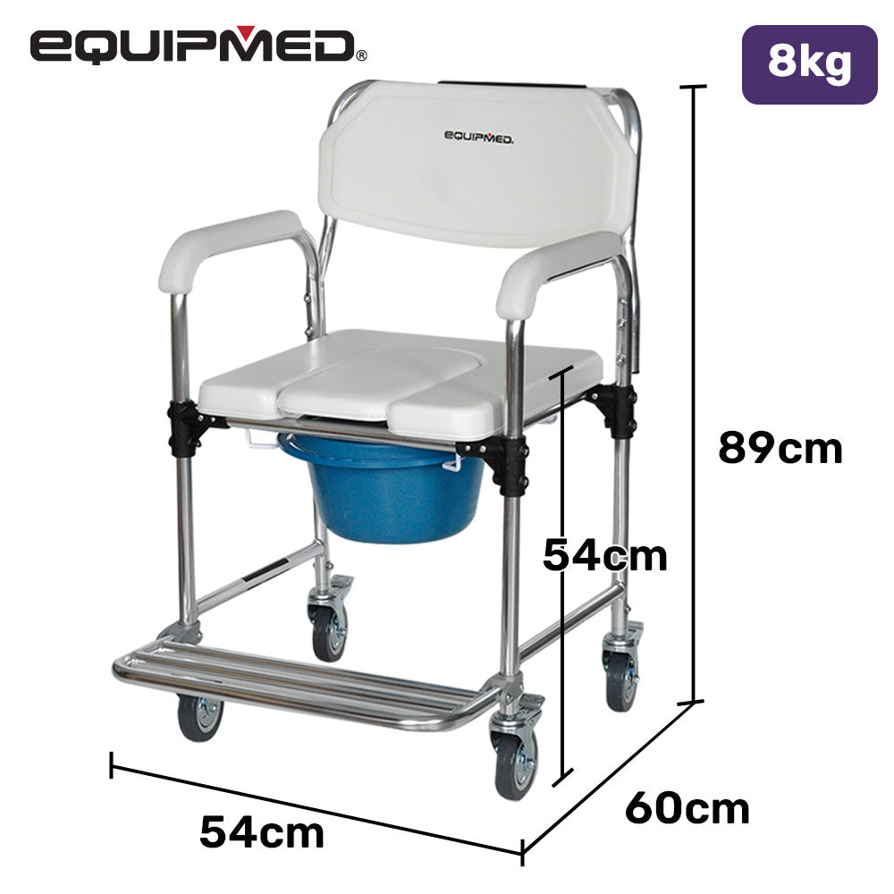 Commode chair with dimensions and weight capacity displayed, featuring the Equipmed brand.