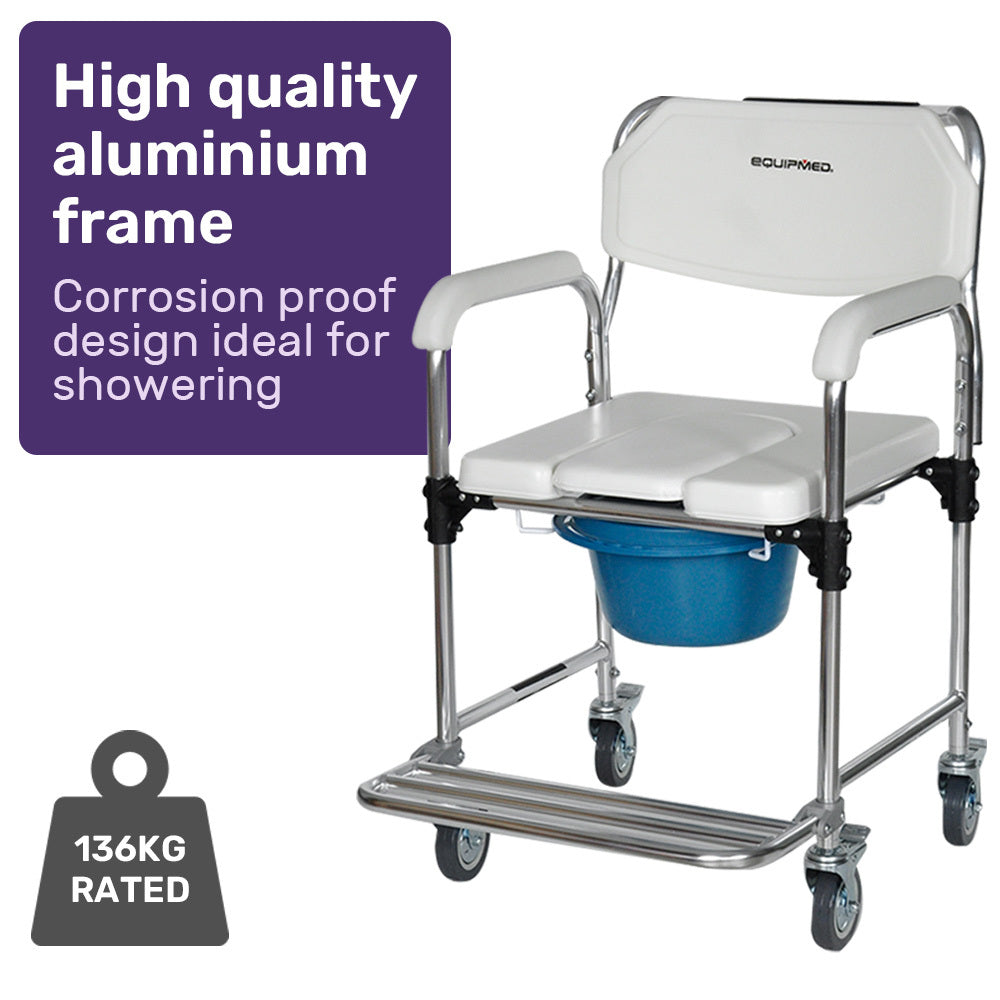 Commode Shower Chair, Over Toilet or Bedside 136kg Capacity Aluminium frame with Wheels, White/Blue