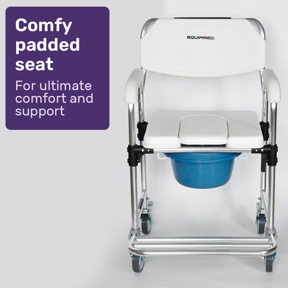Commode Shower Chair, Over Toilet or Bedside 136kg Capacity Aluminium frame with Wheels, White/Blue