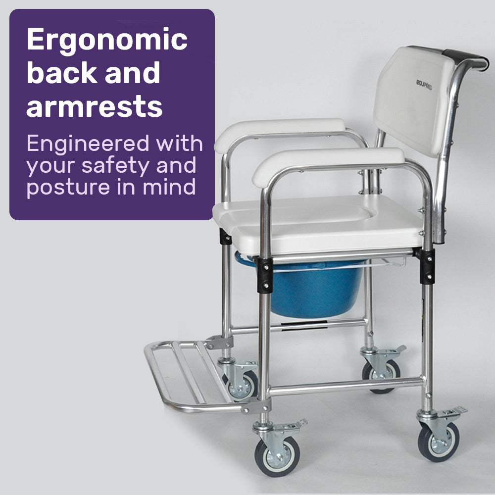 Commode Shower Chair, Over Toilet or Bedside 136kg Capacity Aluminium frame with Wheels, White/Blue