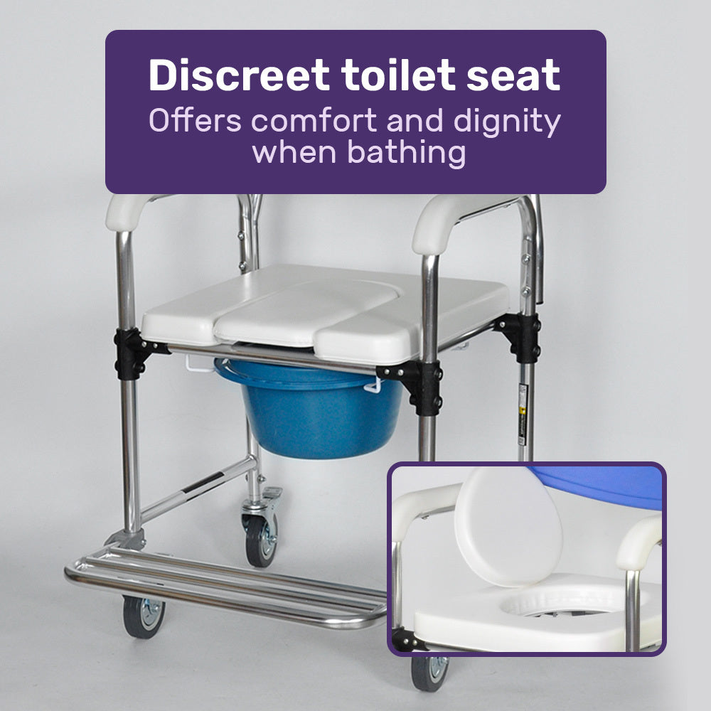 Commode Shower Chair, Over Toilet or Bedside 136kg Capacity Aluminium frame with Wheels, White/Blue