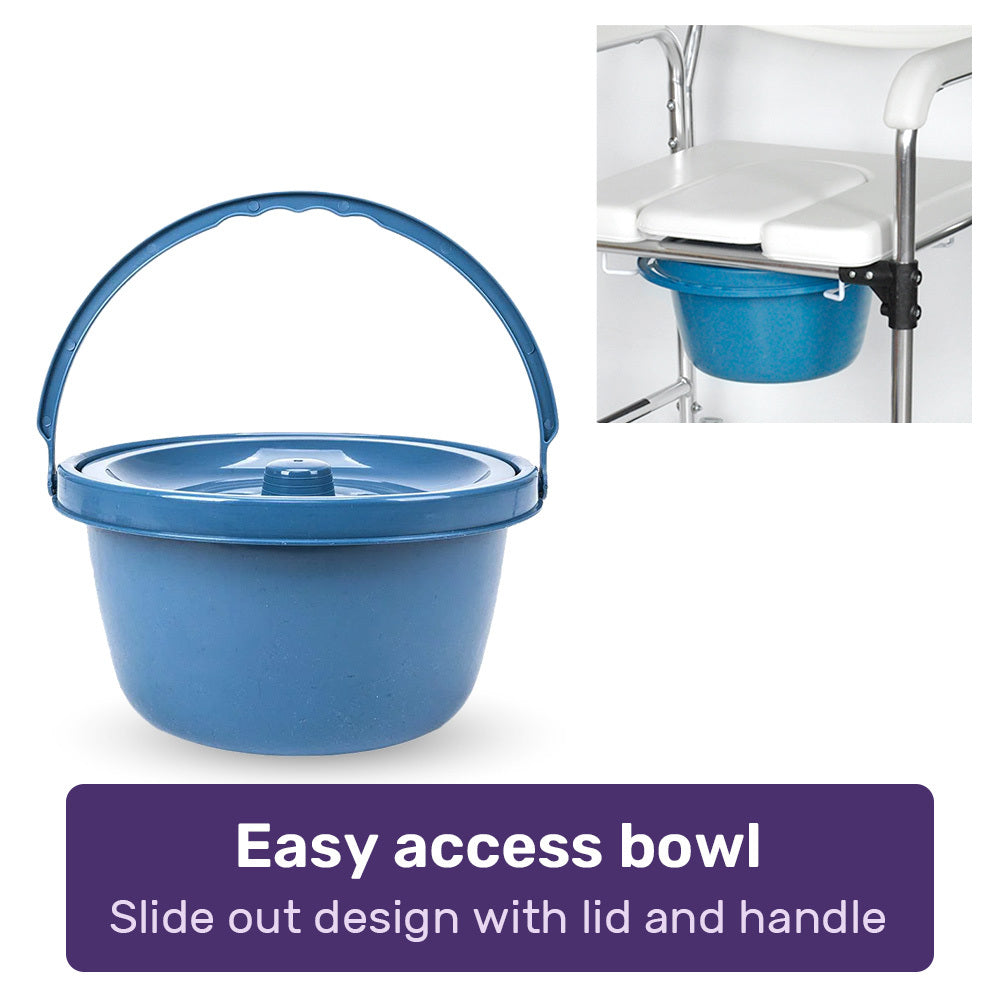 Commode Shower Chair, Over Toilet or Bedside 136kg Capacity Aluminium frame with Wheels, White/Blue