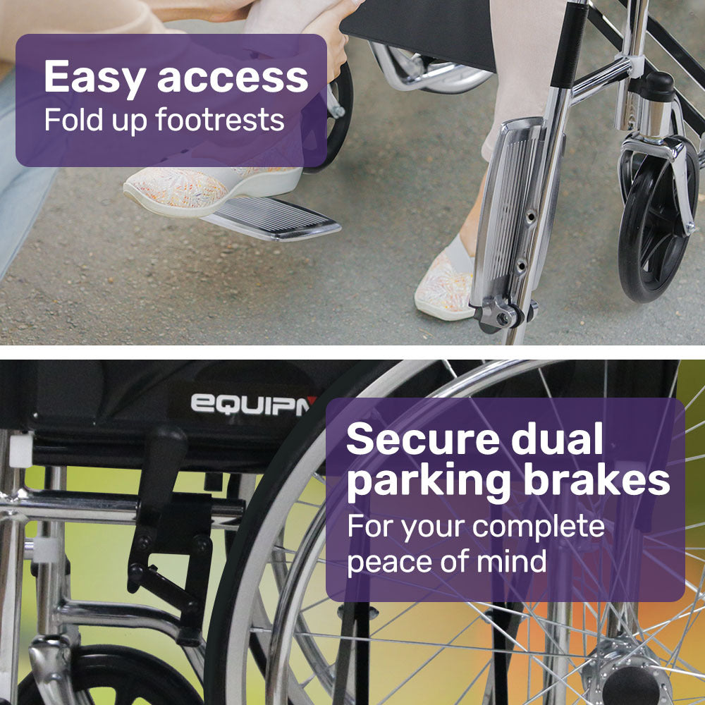 Equipmed Folding Manual Wheelchair Self Propelled, 24" Rear Wheels, Chrome Steel Frame, 46cm Wide Seat, 100kg Capacity, Park Brakes