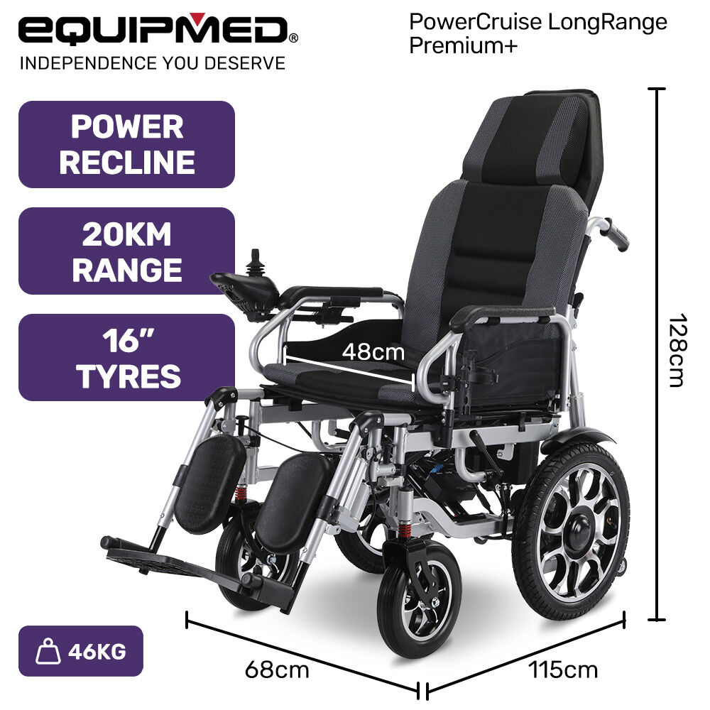 Power Electric Wheelchair, Long Range, Auto Recline, Lithium Battery, 16" Rear Wheels, Headrest, Folding, Grey/Black