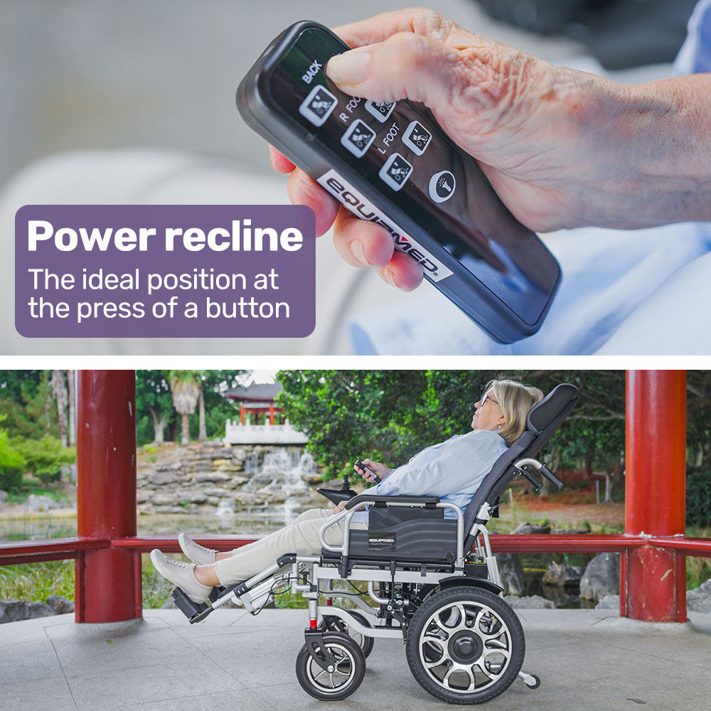 Power Electric Wheelchair, Long Range, Auto Recline, Lithium Battery, 16" Rear Wheels, Headrest, Folding, Grey/Black