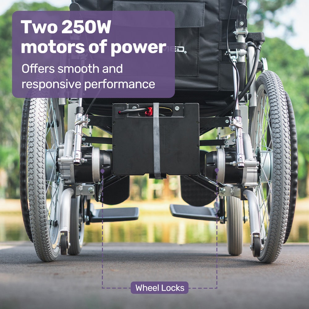 Power Electric Wheelchair, XL Wide Bariatric Chair Seat, Long Range, Airline Approved, Recline Adjustment, Lithium Battery, 22" Wheels, Headrest, Black