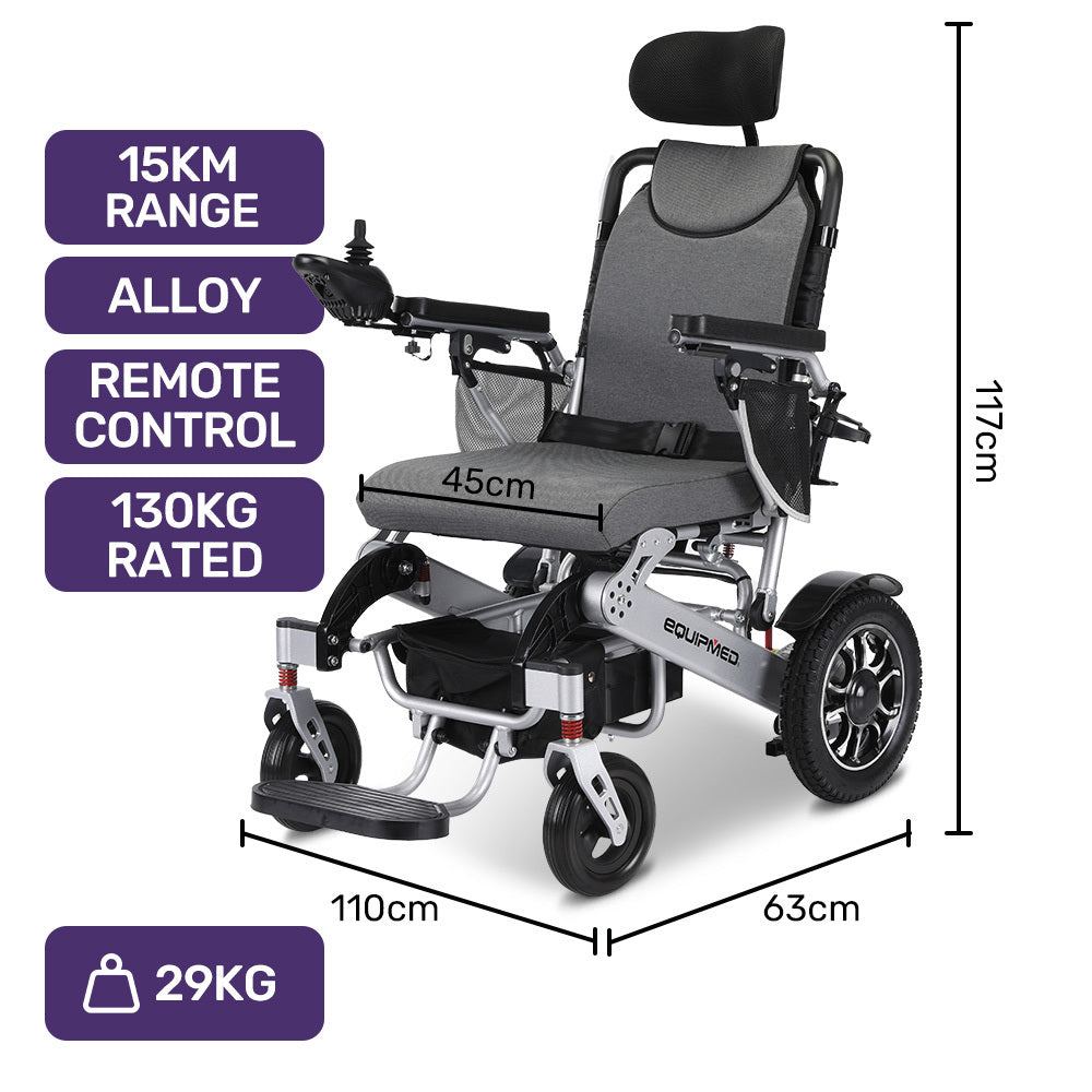 Power Electric Wheelchair, Long Range, Alloy, Remote Control, Lithium Battery, Black/Silver
