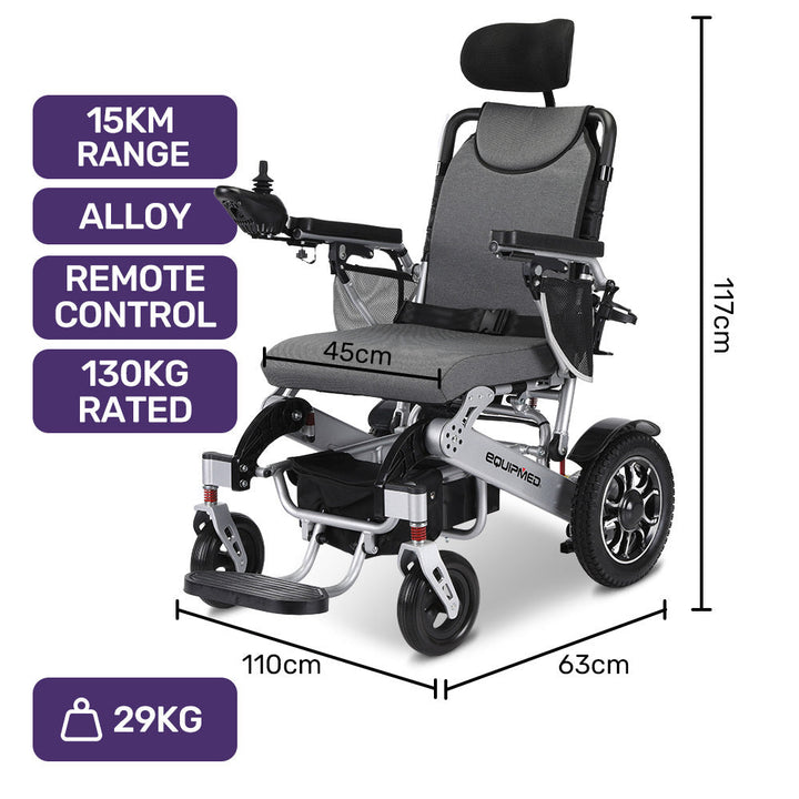 EQUIPMED Power Electric Wheelchair, Long Range, Alloy, Remote Control, Lithium Battery, Black/Silver