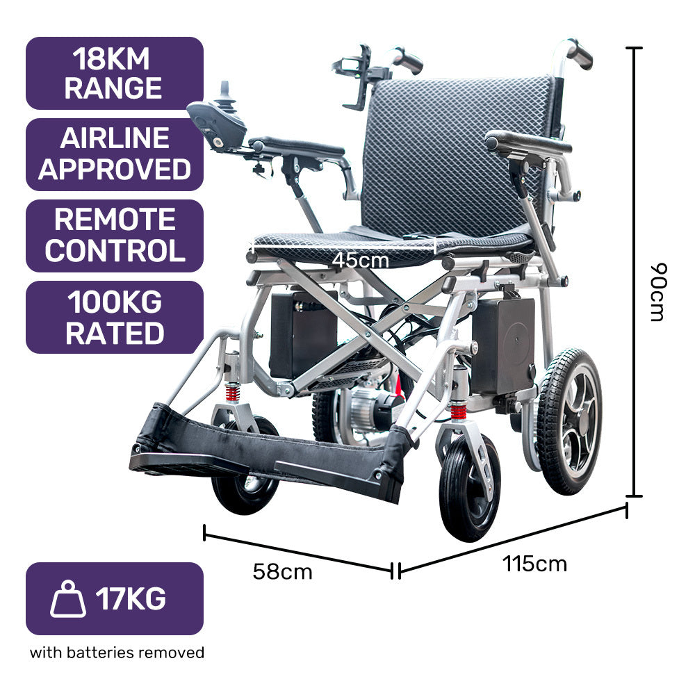 Power Electric Wheelchair, Airline Approved Wheelchair, Extra Lightweight, Long Range, Lithium Batteries, Silver