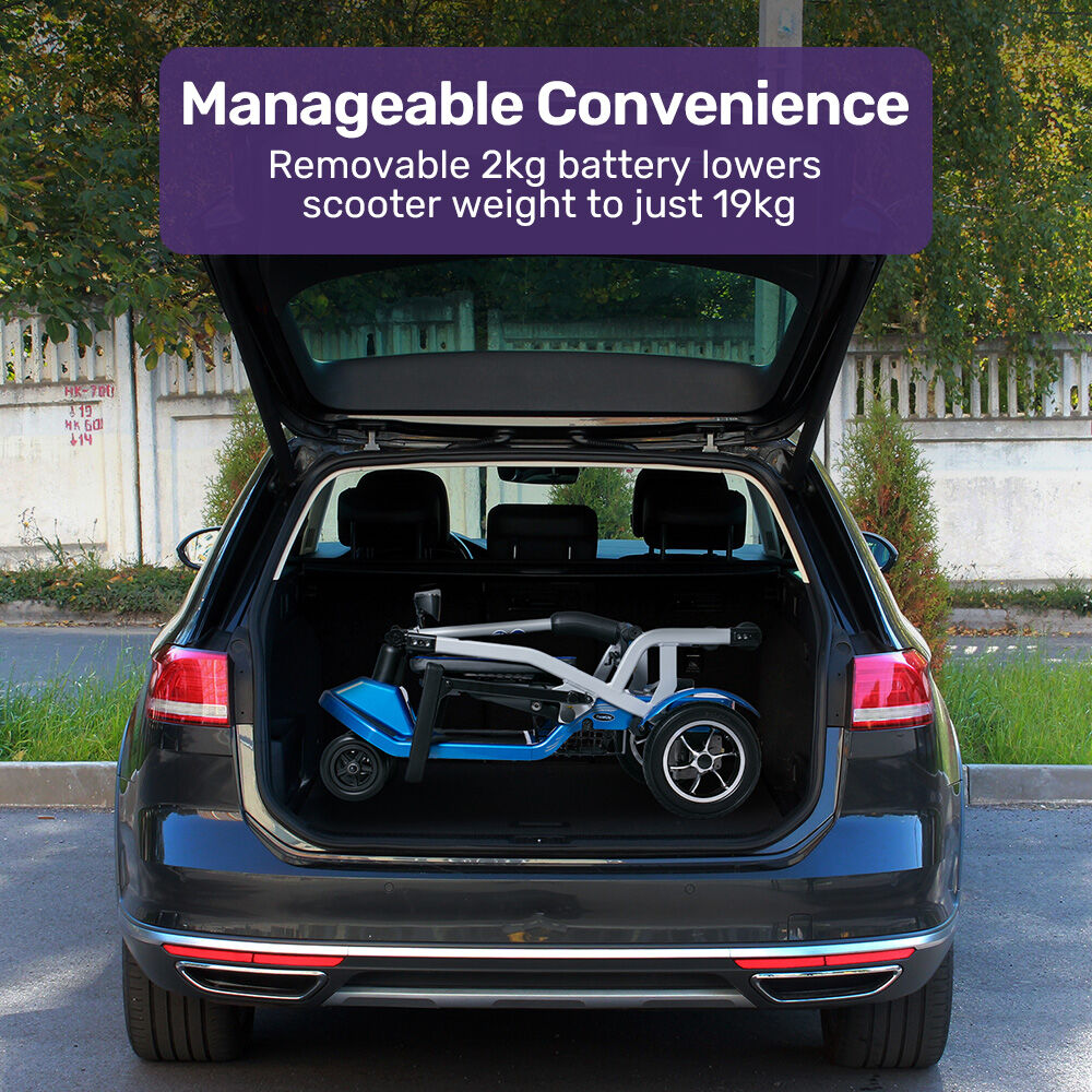 EQUIPMED Ultra-Lightweight Folding Electric Mobility Scooter, 19kg with Battery Removed, 120kg Capacity, Long Range, Brushless Motor, Portable, Blue. Fits in Car Boot
