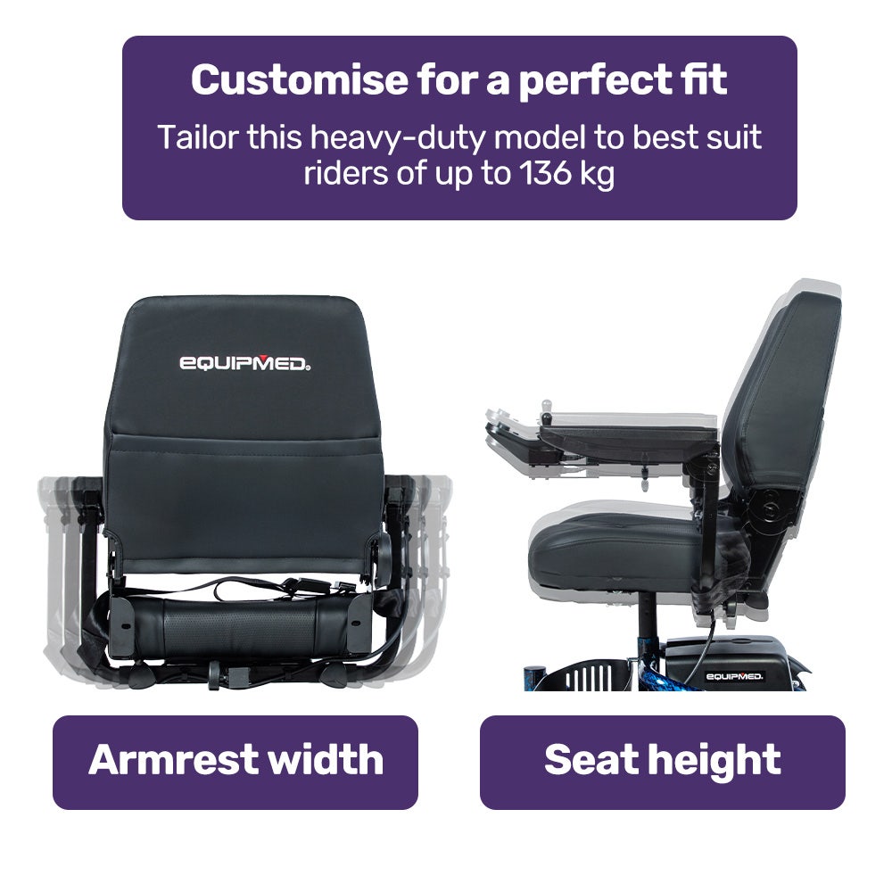 EQUIPMED Heavy Duty Electric Wheelchair, Up to 20km Range, Ultra-Comfortable, Great Turning Circle, Safe Stable Non-Slip Anti-Roll Back Power Chair, Blue