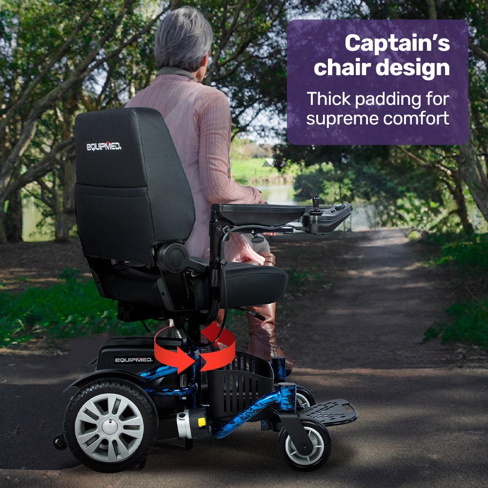 EQUIPMED Heavy Duty Electric Wheelchair, Up to 20km Range, Ultra-Comfortable, Great Turning Circle, Safe Stable Non-Slip Anti-Roll Back Power Chair, Blue