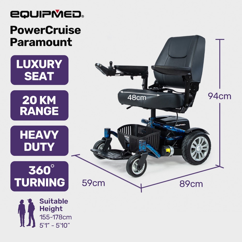 EQUIPMED Heavy Duty Electric Wheelchair, Up to 20km Range, Ultra-Comfortable, Great Turning Circle, Safe Stable Non-Slip Anti-Roll Back Power Chair, Blue